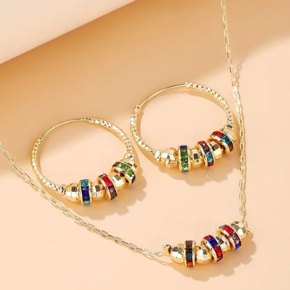 Multi Color Rhinestone Hoop Earrings & Necklace Set - Picture 6 of 6
